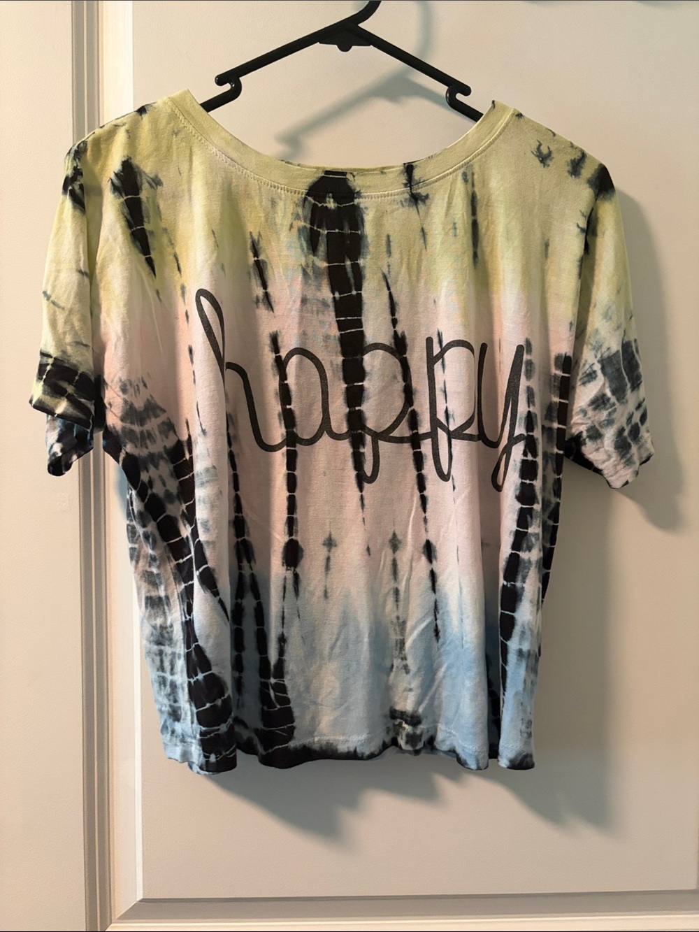 Tie-Dye "Happy" Short Sleeve Tee in Pastel Yellow, Pink & Blue